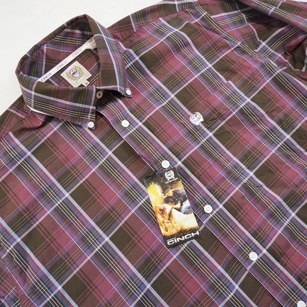 NWT Cinch Men's Plaid Button Down Shirt Purple and Blue